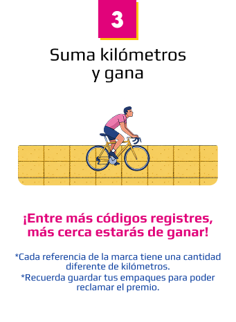 Paso 3: Suma kilómetros y gana. ¡Entre más códigos registres, mas cerca estarás de ganar!